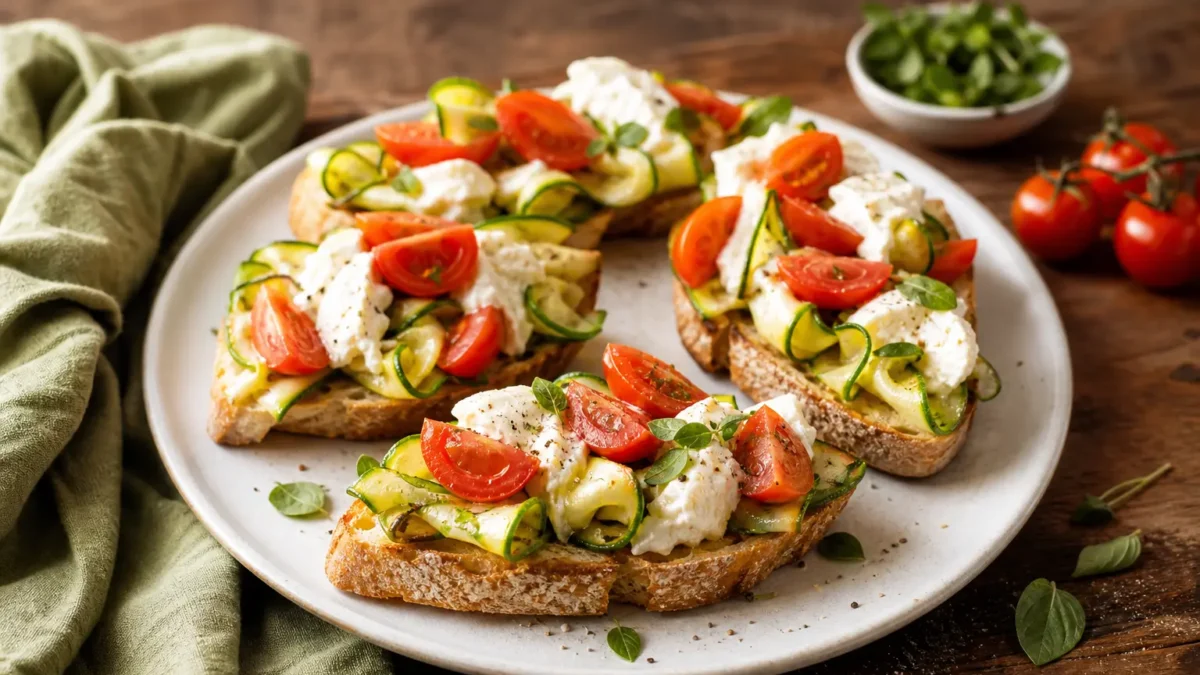 Bruschette con zucchine, stracciatella e pomodorini su pane integrale