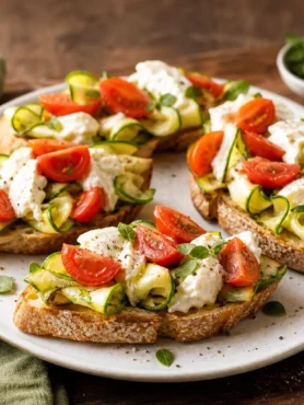 Bruschette con zucchine, stracciatella e pomodorini su pane integrale