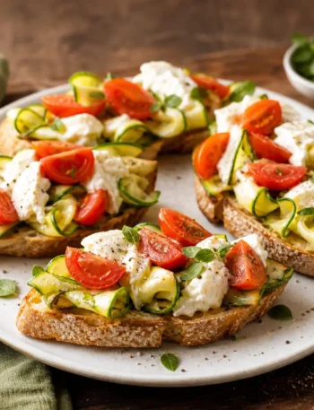 Bruschette con zucchine, stracciatella e pomodorini su pane integrale