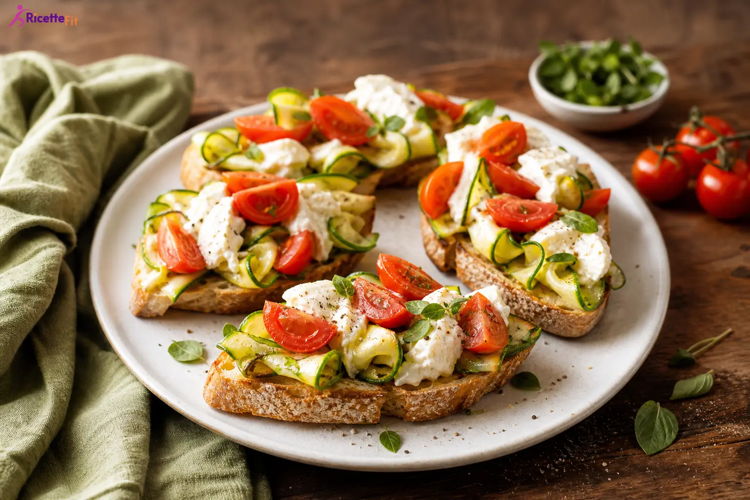 Bruschette con zucchine, stracciatella e pomodorini