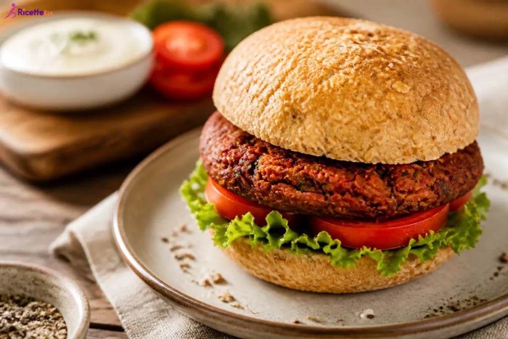 Burger di fagioli rossi e mais con panino integrale, lattuga e pomodoro