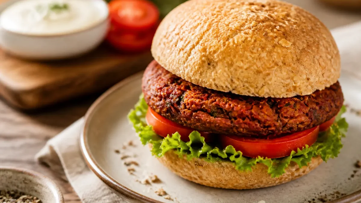 Burger di fagioli rossi e mais con panino integrale, lattuga e pomodoro