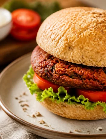Burger di fagioli rossi e mais con panino integrale, lattuga e pomodoro