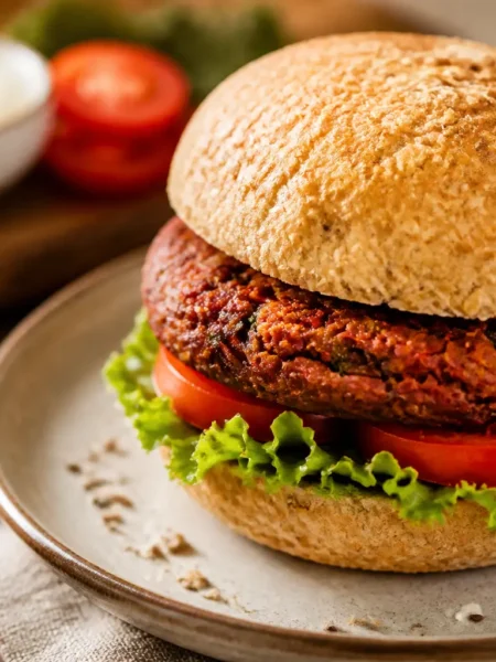 Burger di fagioli rossi e mais con panino integrale, lattuga e pomodoro