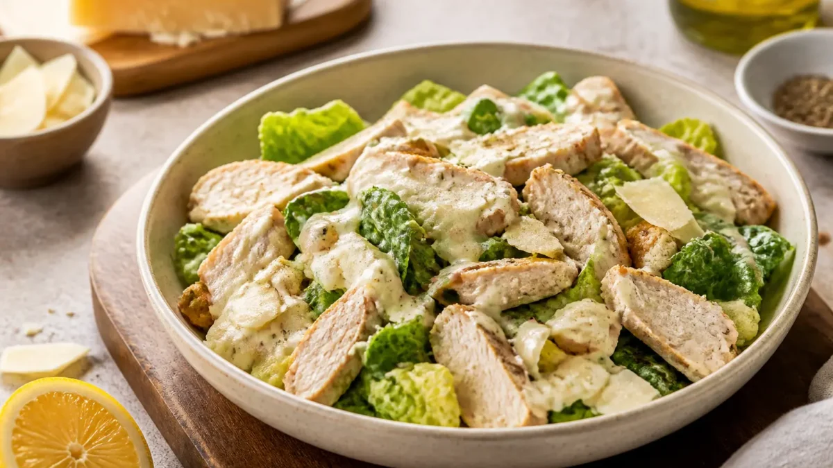 Caesar salad fit con pollo grigliato, salsa allo yogurt e Parmigiano