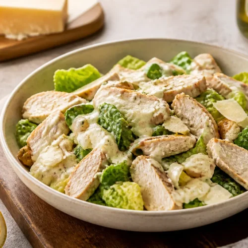Caesar salad fit con pollo grigliato, salsa allo yogurt e scaglie di Parmigiano
