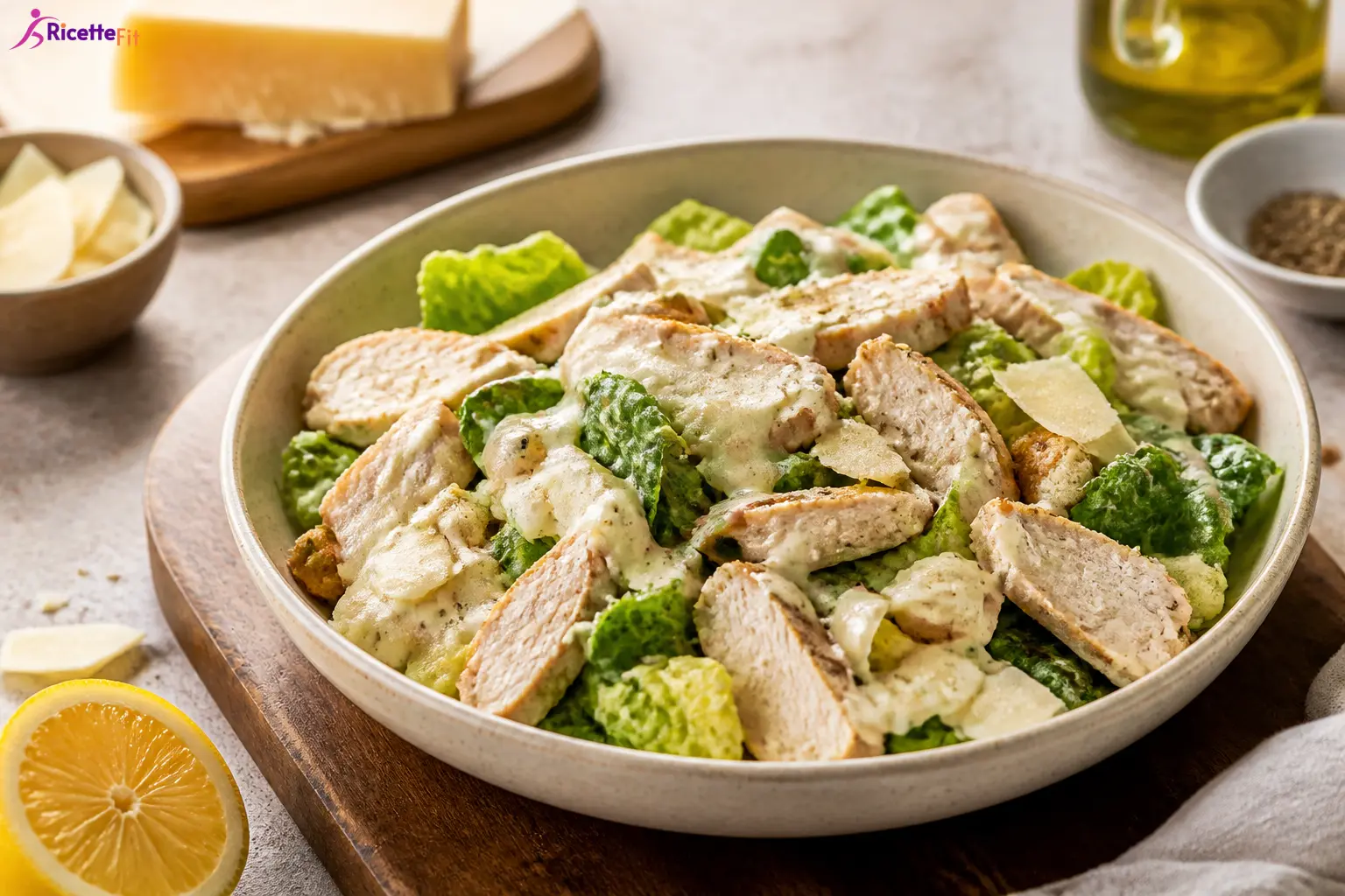 Caesar salad fit con pollo grigliato, salsa allo yogurt e Parmigiano