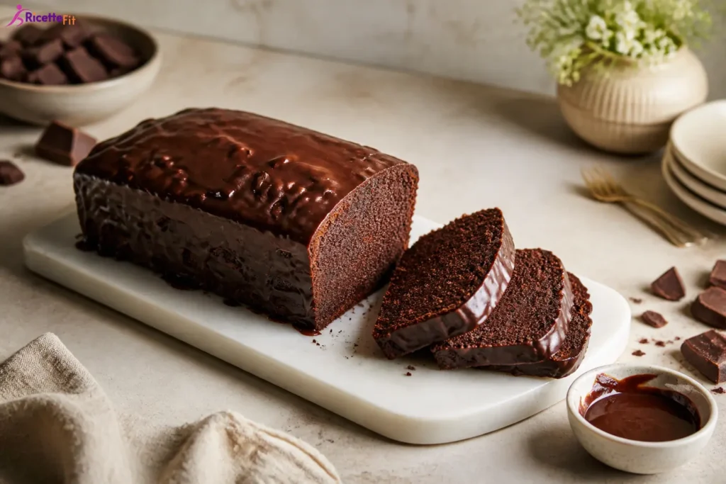 Cake al cioccolato fit glassato al fondente tagliato a fette