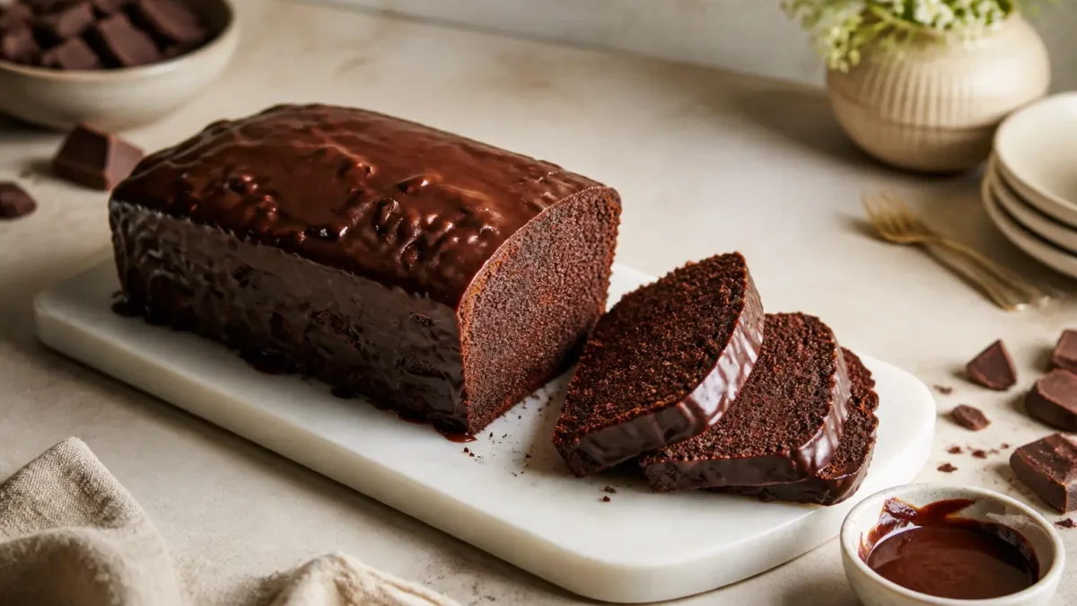 Cake al cioccolato fit glassato al fondente tagliato a fette