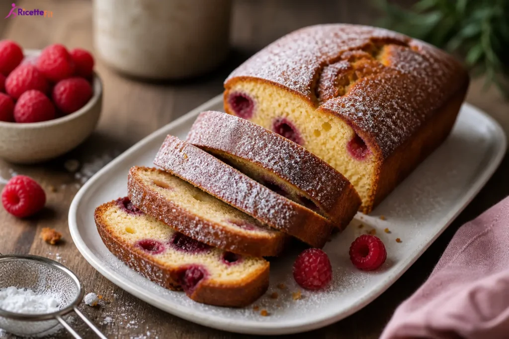 Cake fit alla vaniglia e lamponi a fette con zucchero a velo