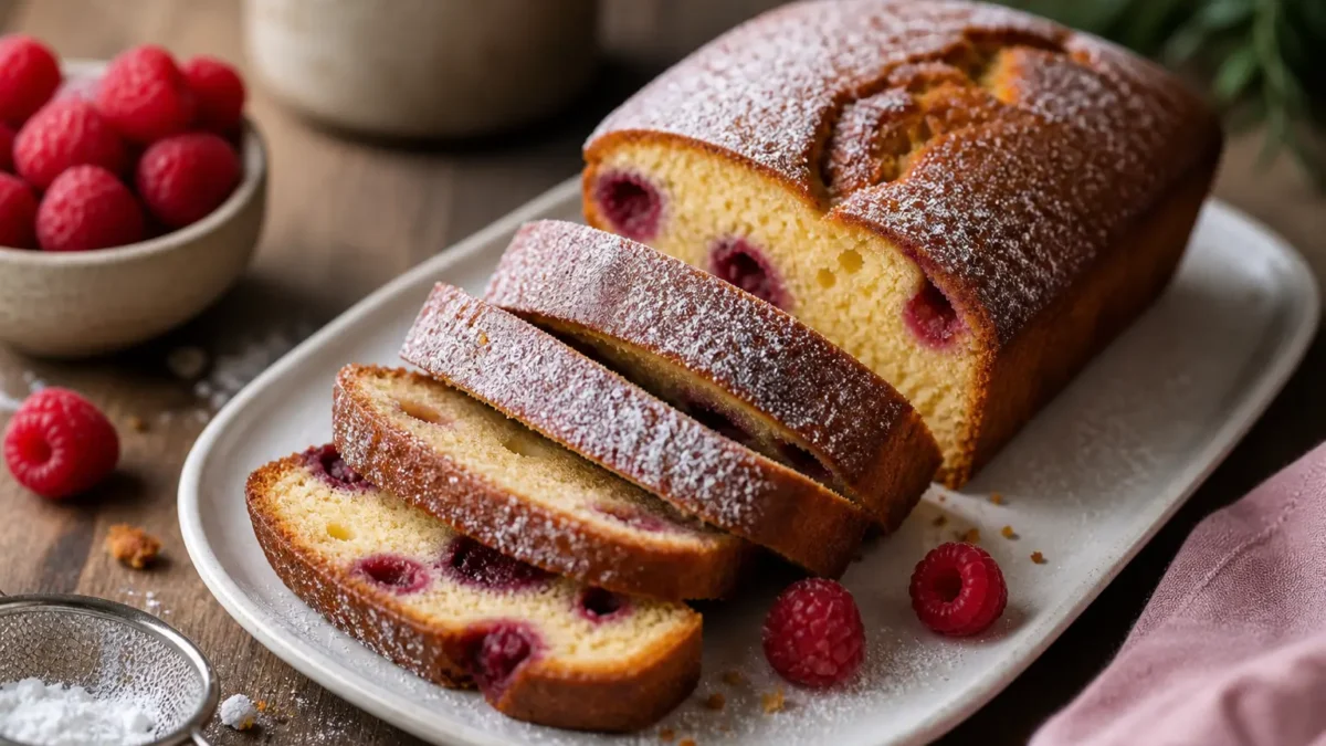 Cake fit alla vaniglia e lamponi a fette con zucchero a velo