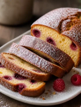 Cake fit alla vaniglia e lamponi a fette con zucchero a velo