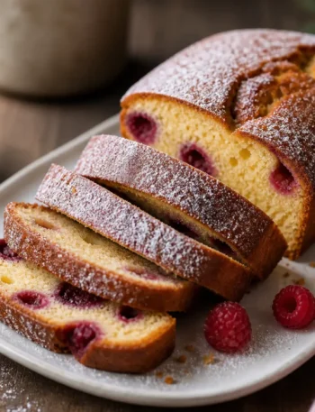 Cake fit alla vaniglia e lamponi a fette con zucchero a velo