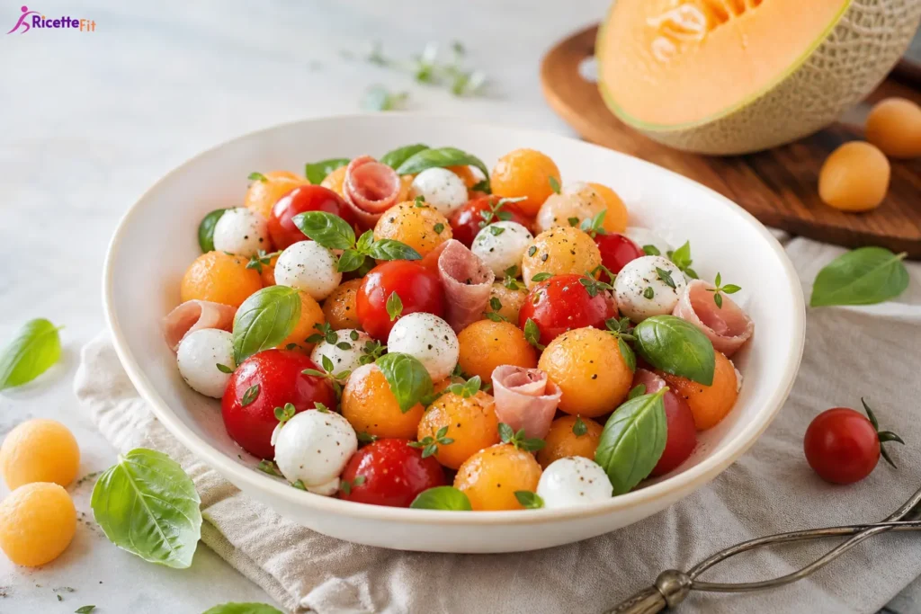 Caprese di melone fit con mozzarelline, pomodorini, basilico e prosciutto crudo