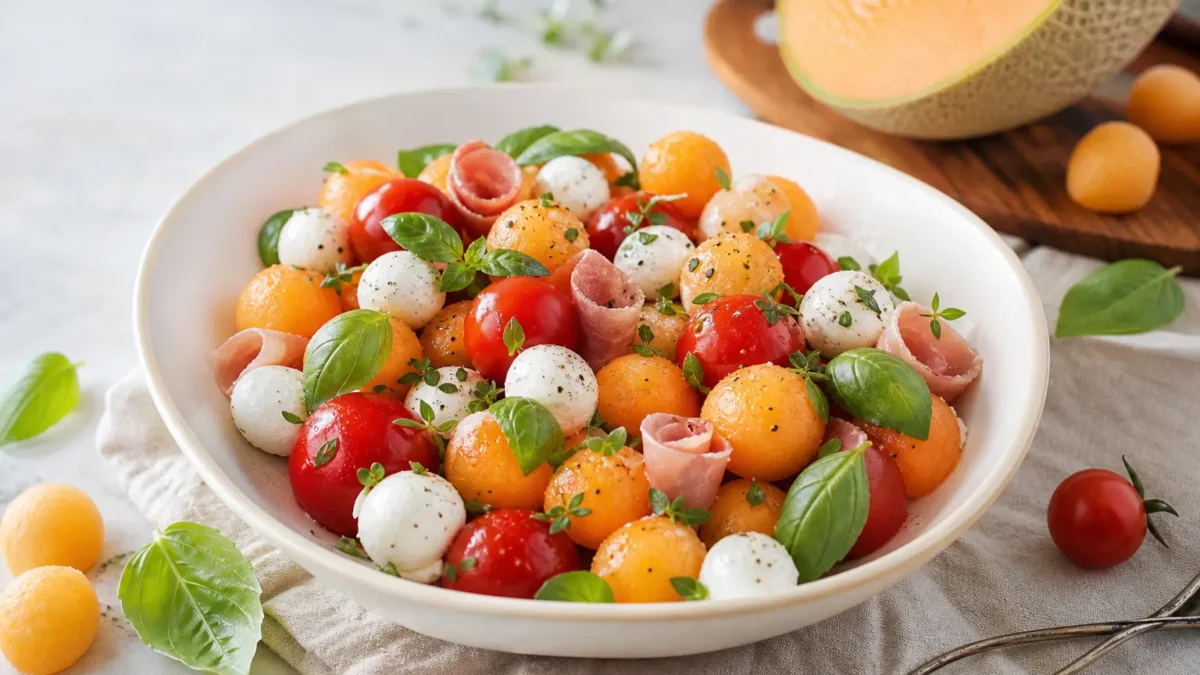Caprese di melone fit con mozzarelline, pomodorini, basilico e prosciutto crudo
