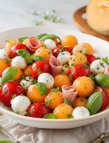 Caprese di melone fit con mozzarelline, pomodorini, basilico e prosciutto crudo