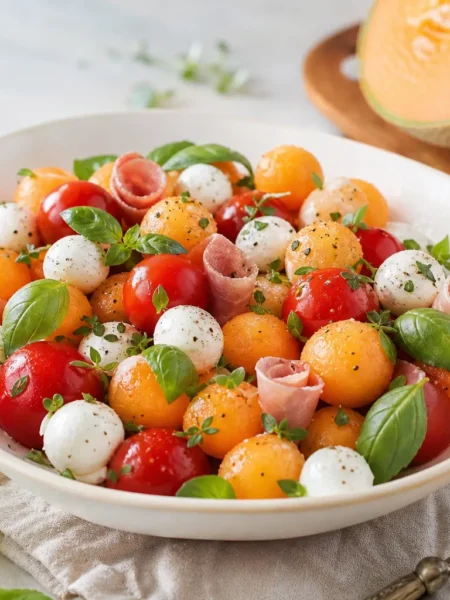Caprese di melone fit con mozzarelline, pomodorini, basilico e prosciutto crudo
