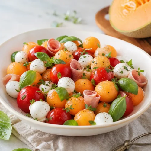 Caprese di melone con mozzarelline, pomodorini e prosciutto crudo