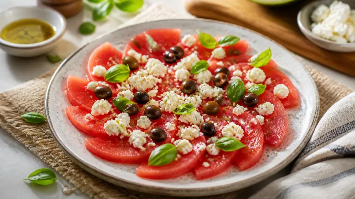 Carpaccio di anguria con feta, olive taggiasche e basilico fresco