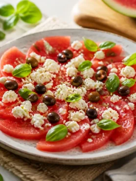 Carpaccio di anguria con feta, olive taggiasche e basilico fresco