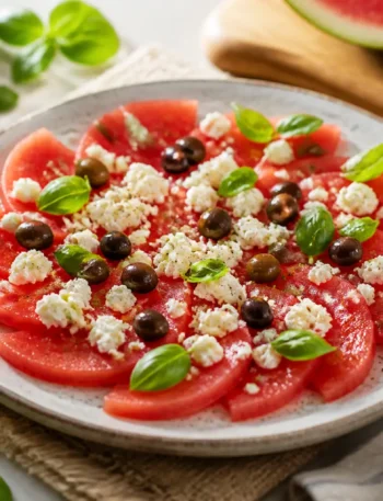 Carpaccio di anguria con feta, olive taggiasche e basilico fresco