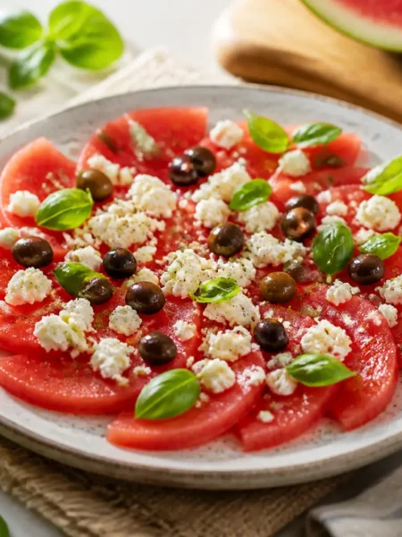 Carpaccio di anguria con feta, olive taggiasche e basilico fresco