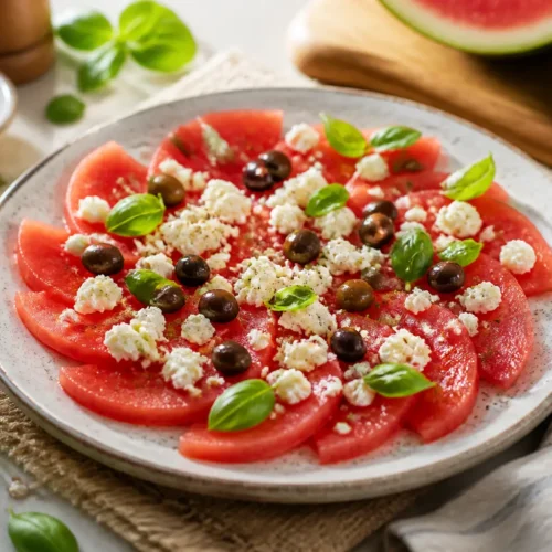 Carpaccio di anguria con feta, olive e basilico