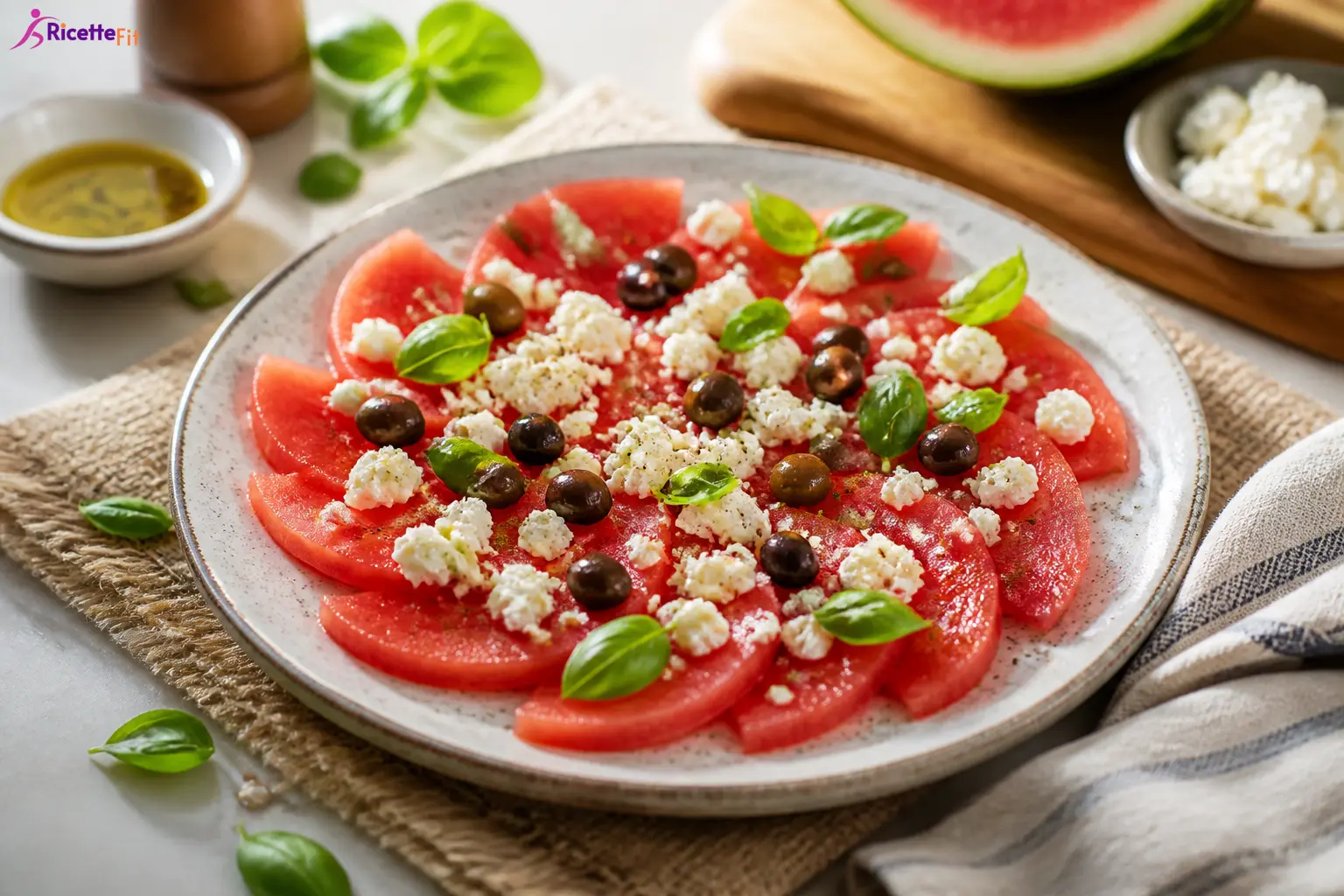 Carpaccio di anguria con feta, olive taggiasche e basilico fresco