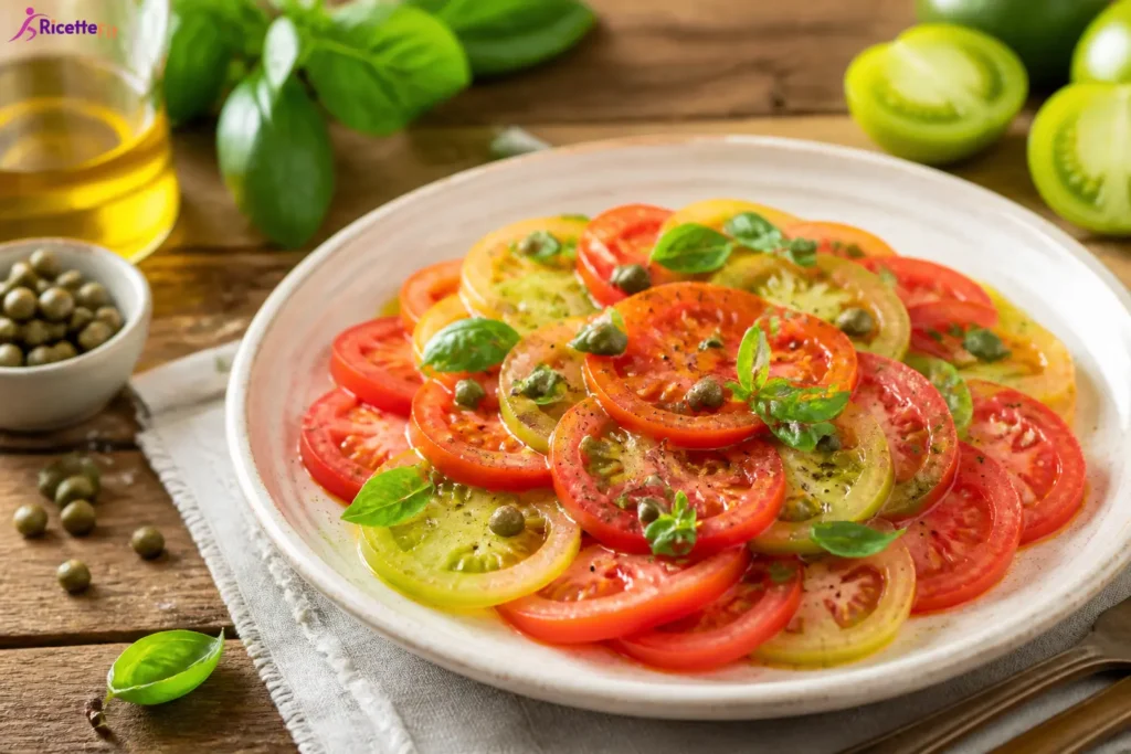 Carpaccio di pomodori con capperi, basilico e olio extravergine