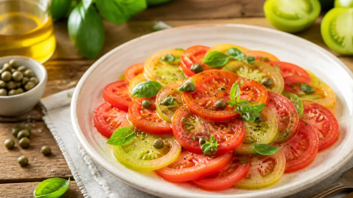 Carpaccio di pomodori con capperi, basilico e olio extravergine