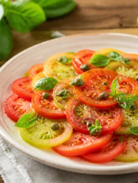 Carpaccio di pomodori con capperi, basilico e olio extravergine