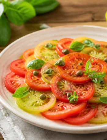 Carpaccio di pomodori con capperi, basilico e olio extravergine