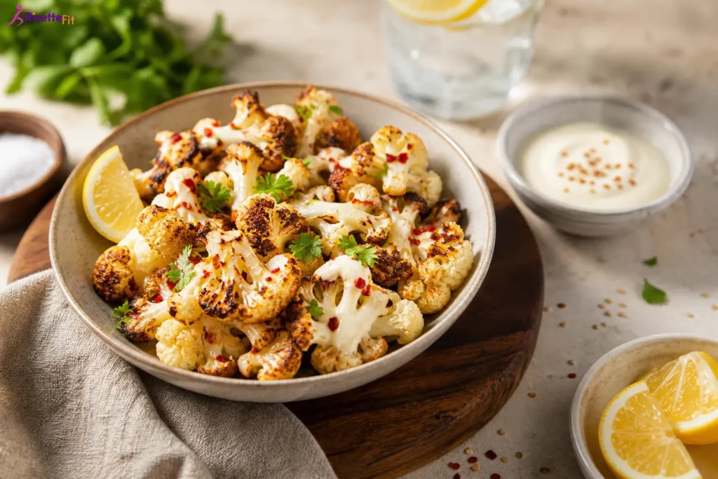Cavolfiore arrosto con salsa allo yogurt e curry, limone e prezzemolo
