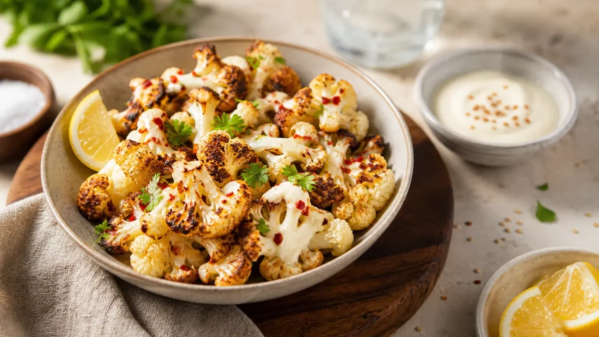 Cavolfiore arrosto con salsa allo yogurt e curry, limone e prezzemolo