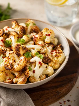 Cavolfiore arrosto con salsa allo yogurt e curry, limone e prezzemolo