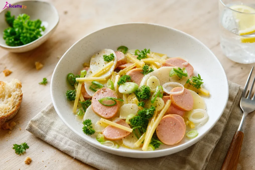 Cervelas e formaggio in insalata con patate, cipollotti e prezzemolo