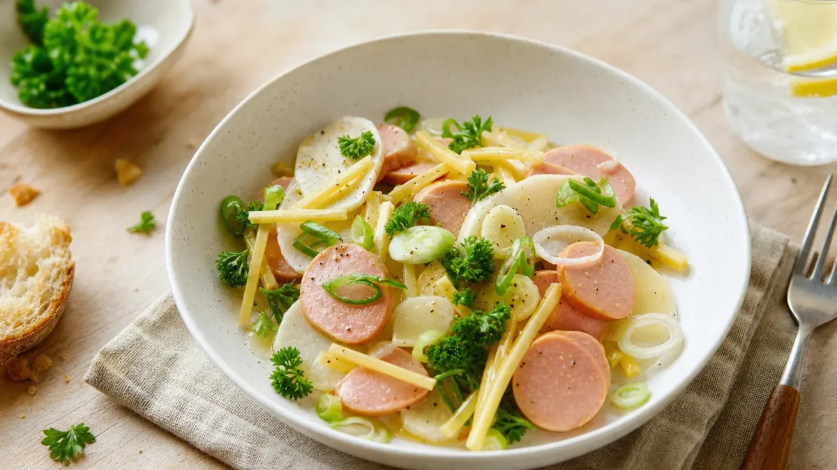 Cervelas e formaggio in insalata con patate, cipollotti e prezzemolo
