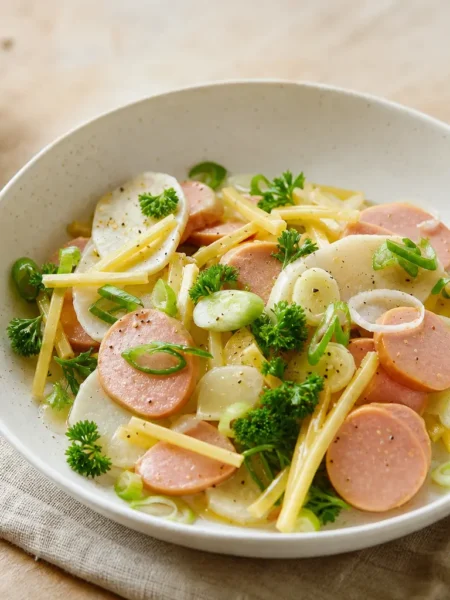 Cervelas e formaggio in insalata con patate, cipollotti e prezzemolo
