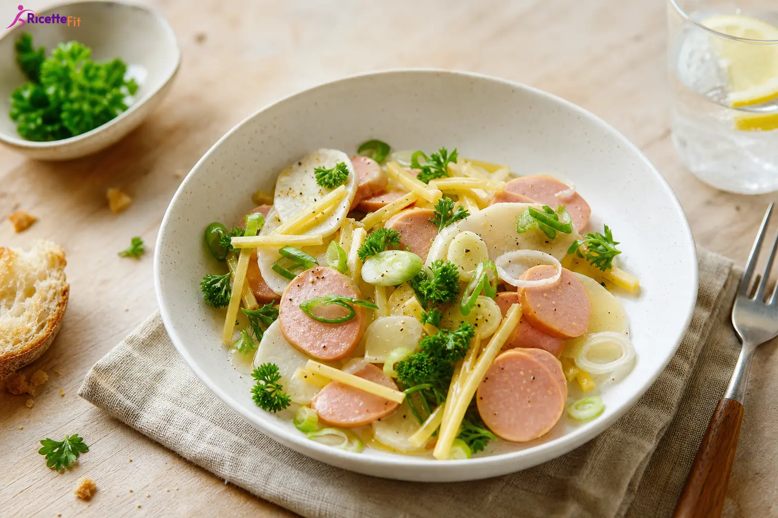 Cervelas e formaggio in insalata con patate, cipollotti e prezzemolo