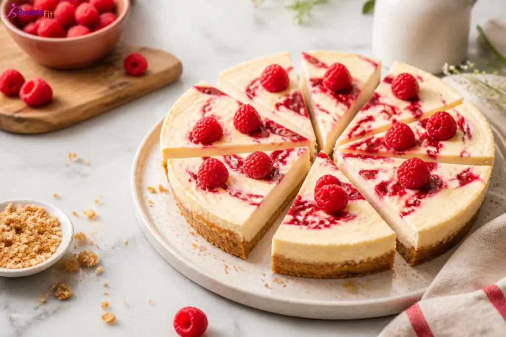 Cheesecake fit con lamponi a fette con base integrale e crema marmorizzata