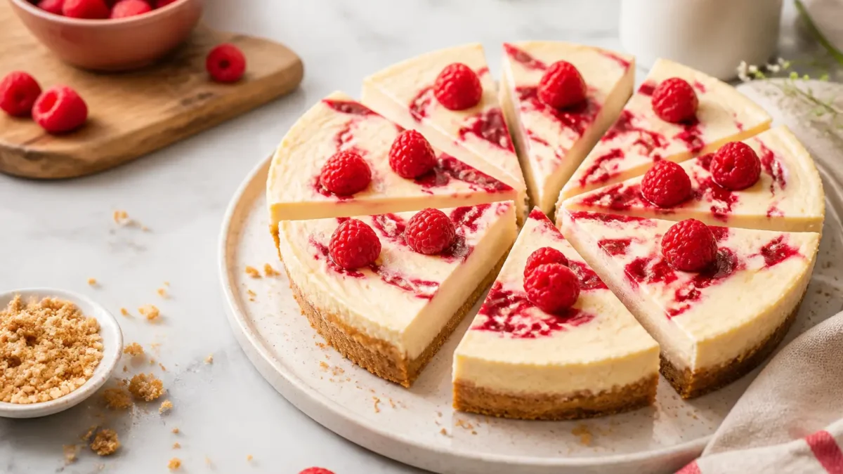 Cheesecake fit con lamponi a fette con base integrale e crema marmorizzata