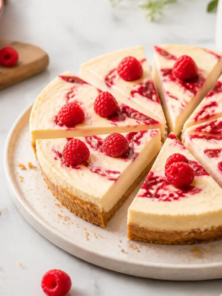 Cheesecake fit con lamponi a fette con base integrale e crema marmorizzata