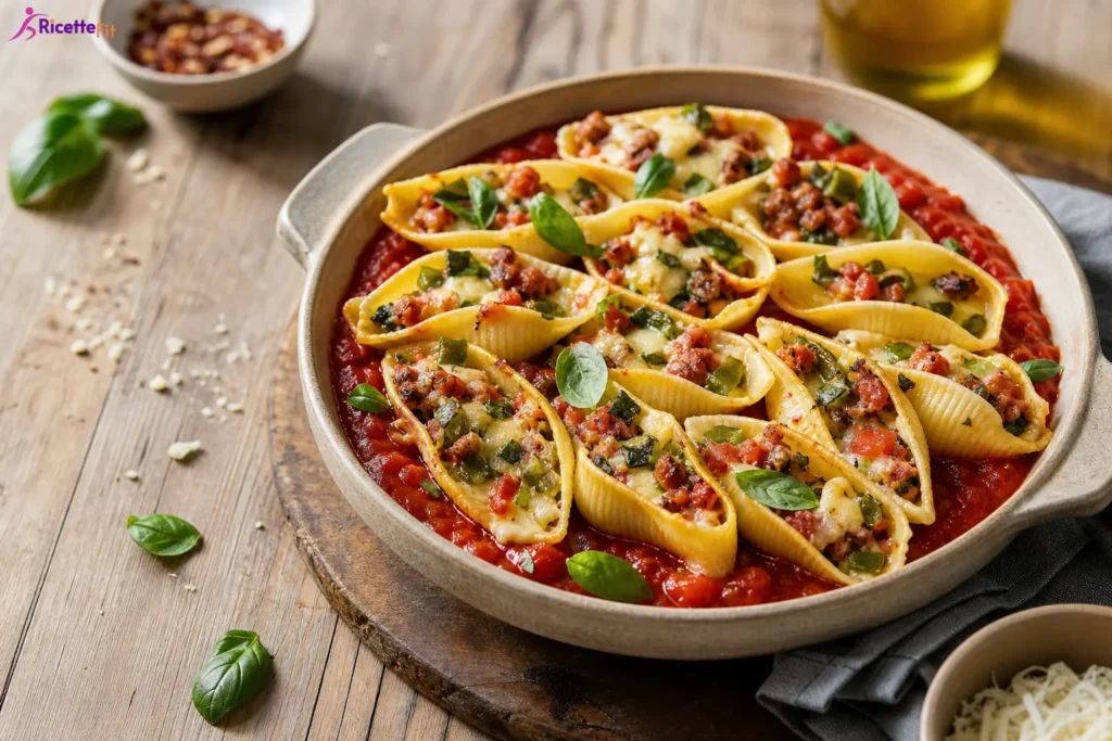 Conchiglioni gratinati fit con ragù leggero, zucchine e mozzarella light