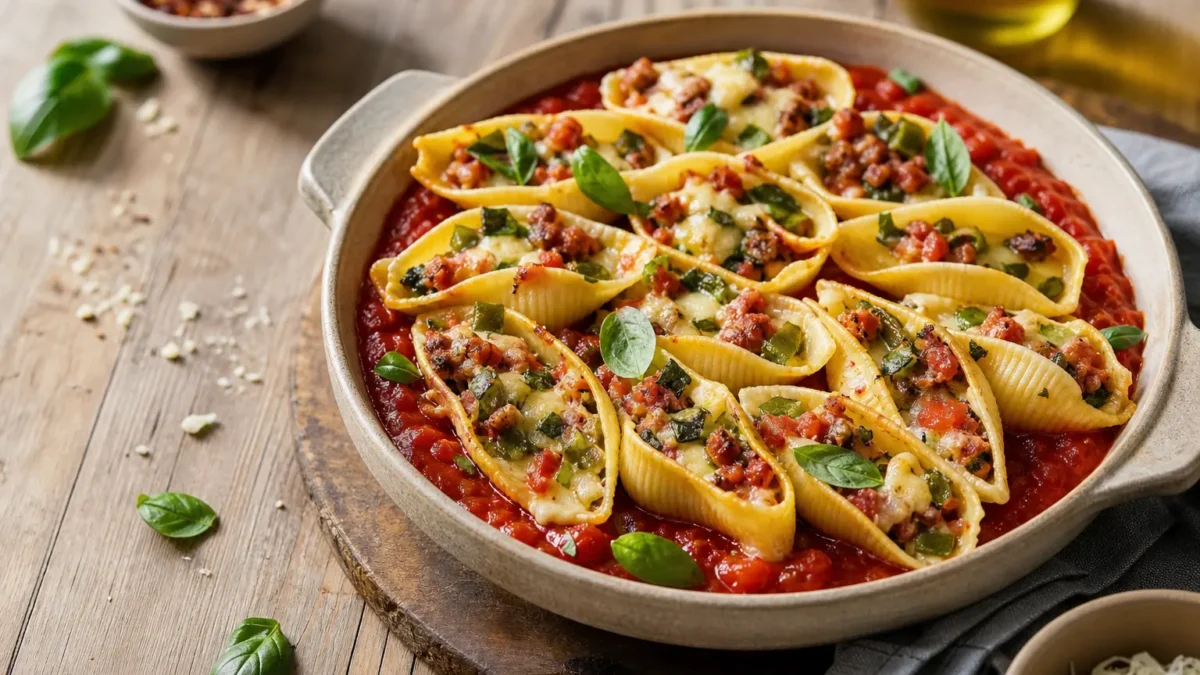 Conchiglioni gratinati fit con ragù leggero, zucchine e mozzarella light