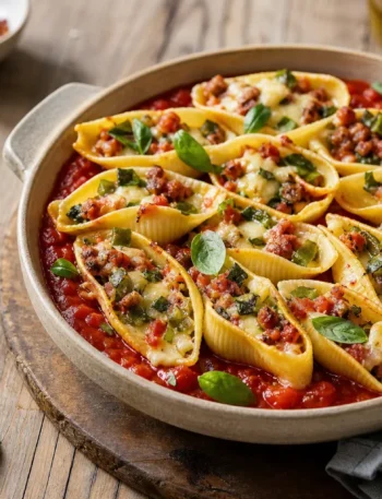 Conchiglioni gratinati fit con ragù leggero, zucchine e mozzarella light