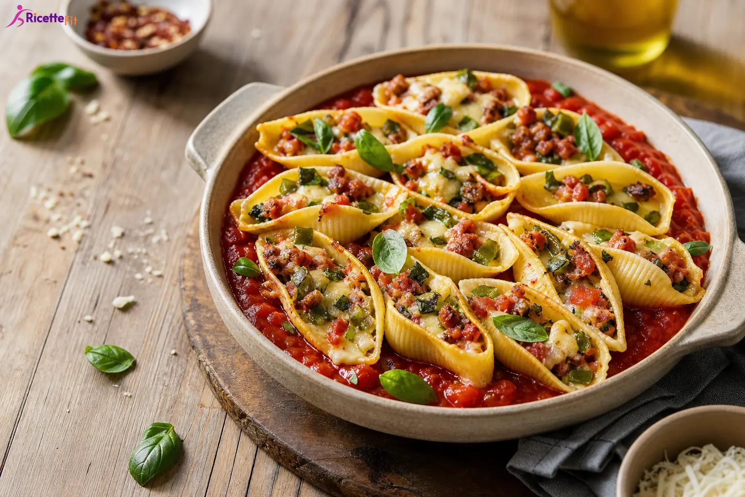 Conchiglioni gratinati fit con ragù leggero, zucchine e mozzarella light