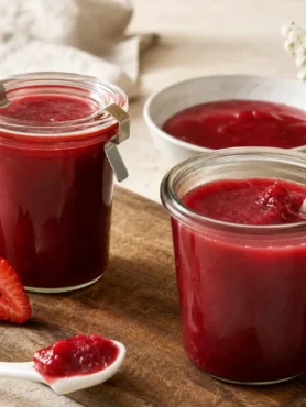 Confettura di fragole leggera in vasetti di vetro con fragole fresche