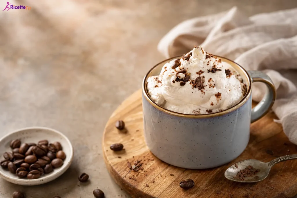 Crema al caffè fit in tazza con cacao e cioccolato fondente