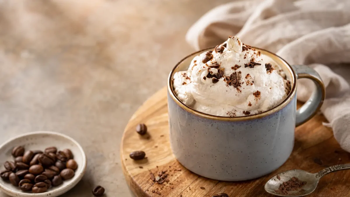 Crema al caffè fit in tazza con cacao e cioccolato fondente