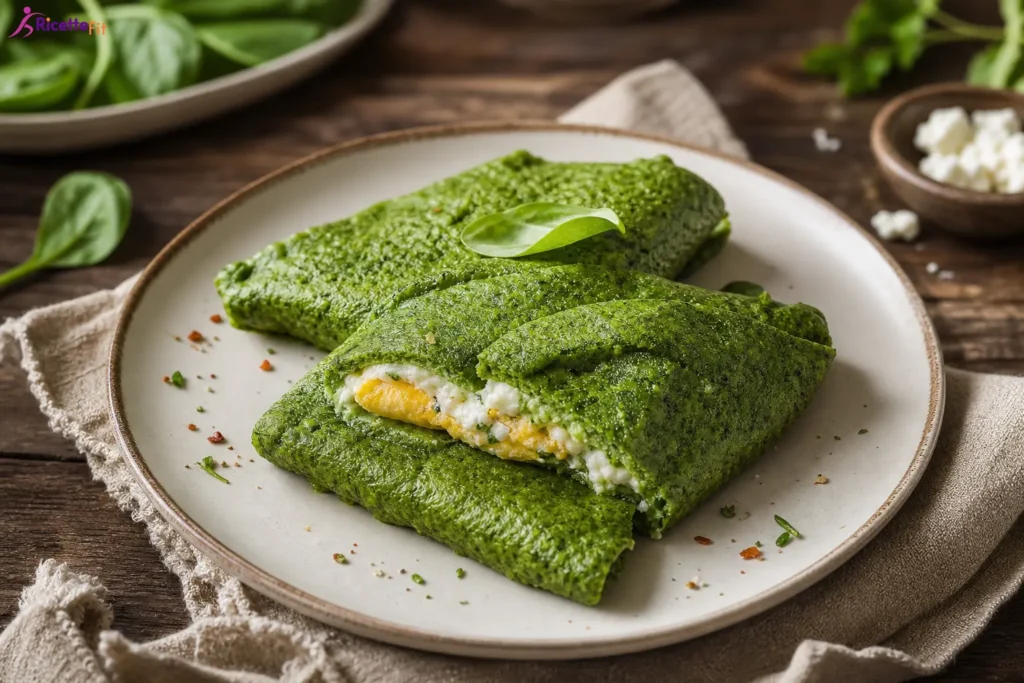 Crepes proteiche salate con spinaci ripiene di ricotta e frittatina